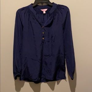 Lilly SILK Navy Blouse with Smocked neckline